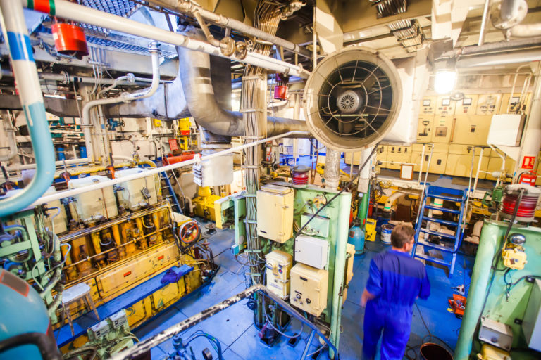 Engine room on a cargo boat ship, engine room on an oil platform CPV